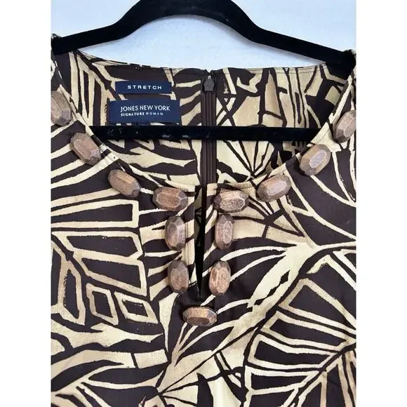 Jones New York Sleeveless Sheath Dress SZ 16W Leaf design w Wooden Bead Accents - Picture 4 of 7